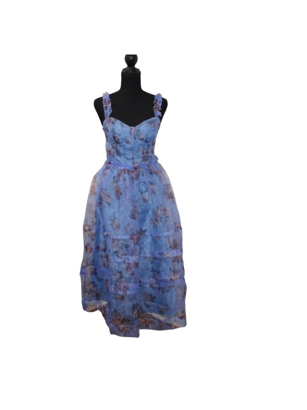 Lulus‎ Midi Dress Womens Small Blue Floral Tiered Organza Sweetheart Excellent